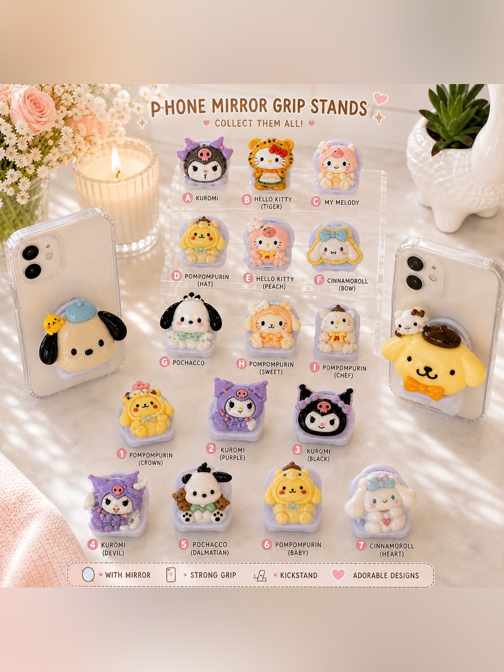 Cute Character Mirror Phone Grip Stand – Sold Individually